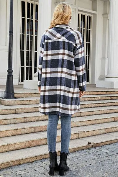 Plaid Button Up Collared Neck Jacket with Pockets