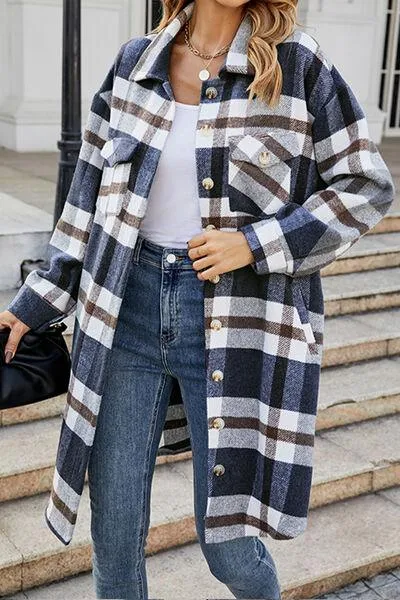 Plaid Button Up Collared Neck Jacket with Pockets