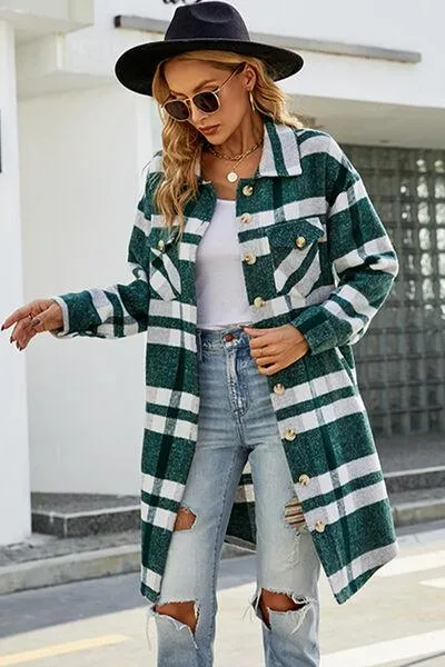 Plaid Button Up Collared Neck Jacket with Pockets