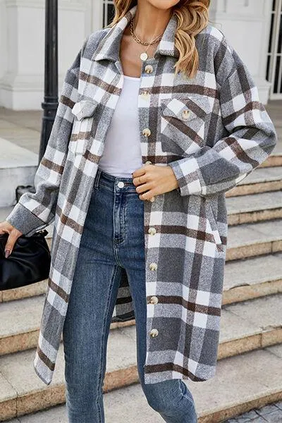 Plaid Button Up Collared Neck Jacket with Pockets