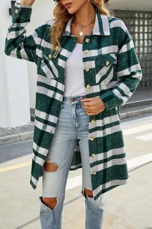 Plaid Button Up Collared Neck Jacket with Pockets