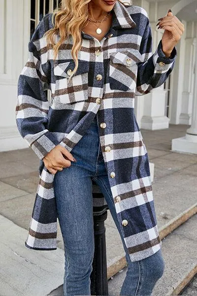 Plaid Button Up Collared Neck Jacket with Pockets