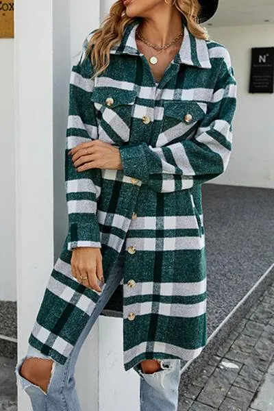 Plaid Button Up Collared Neck Jacket with Pockets