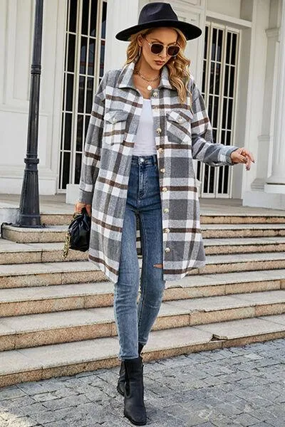 Plaid Button Up Collared Neck Jacket with Pockets