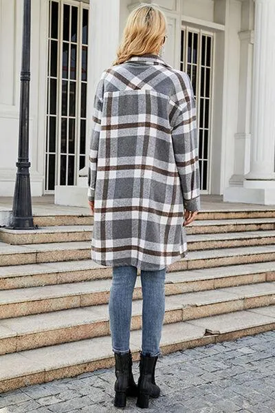 Plaid Button Up Collared Neck Jacket with Pockets