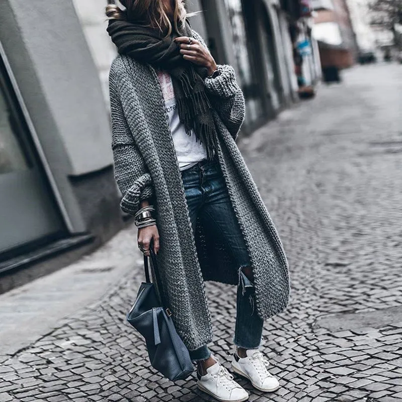 Pure Color Long Sleeves V-neck Long Open Cardigan