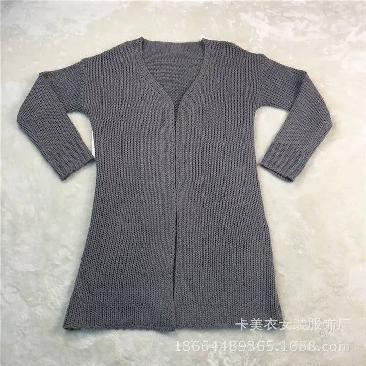 Pure Color Long Sleeves V-neck Long Open Cardigan