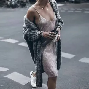 Pure Color Long Sleeves V-neck Long Open Cardigan