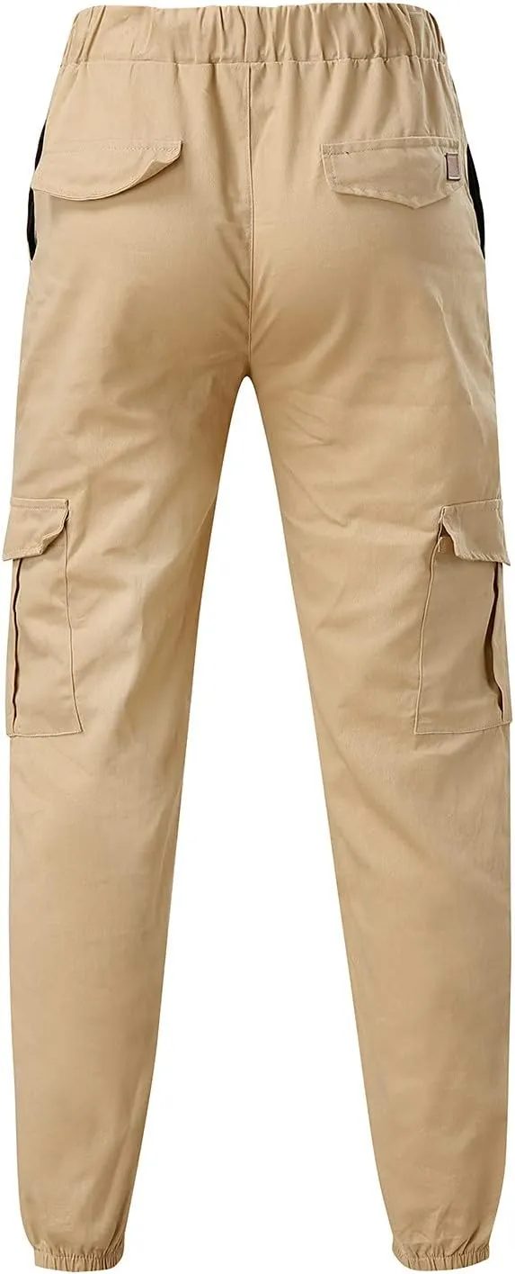 QWENTMTNTY Mens Cargo Pants Casual Elastic Waist Slim Fit Workout Joggers Big Tall Outdoor Hiking Cotton Sweatpants Pockets