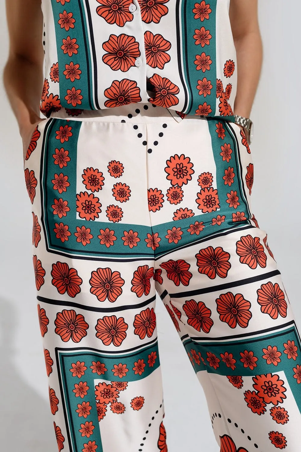 Satin Creme Flared Pants With Floral Design