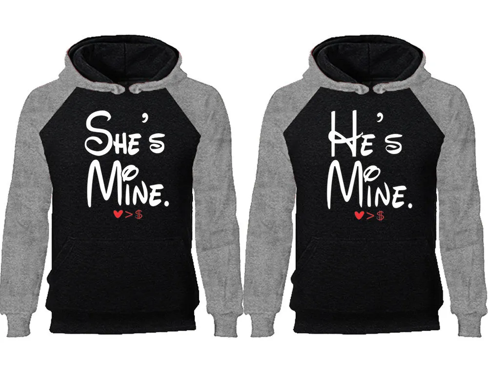She's Mine & He's Mine Couple Matching Raglan Hoodies – Comfortable Unisex Pullover | Sold Separately in Sizes & Colors