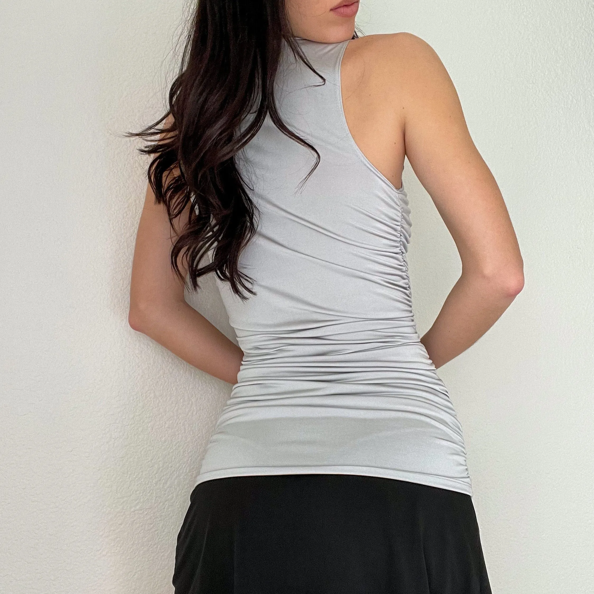 Silver Rhinestone Y2K Ruched Club Tank (L)