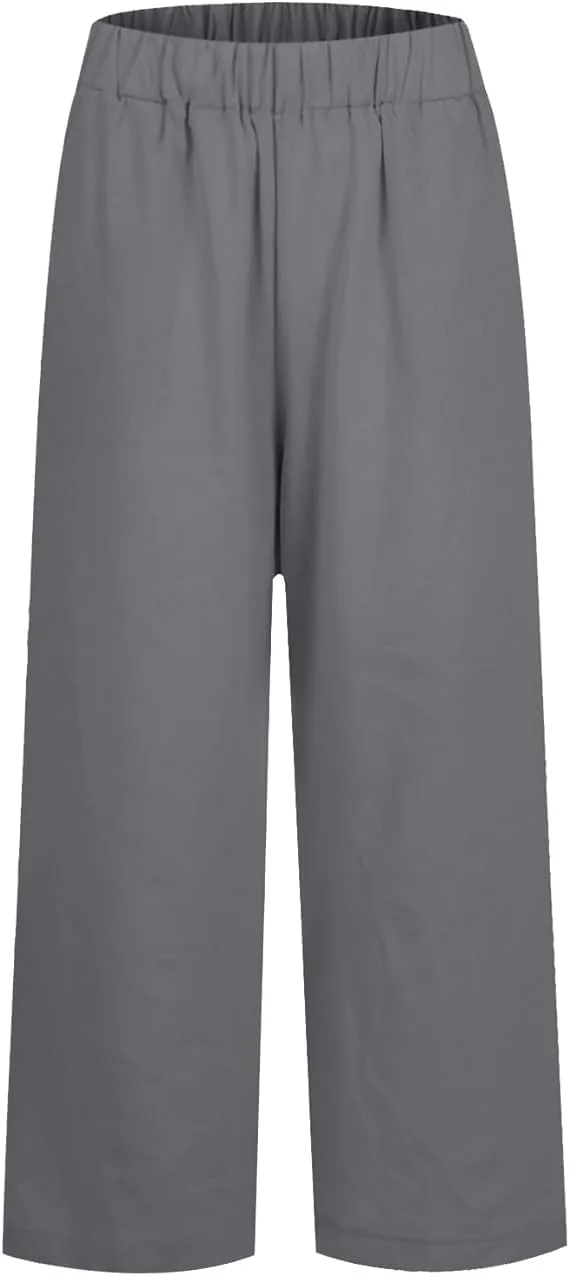 Summer Womens Linen Pants Casual Elastic Waist Baggy Trouser Solid Color Straight Leg Pants with Pockets