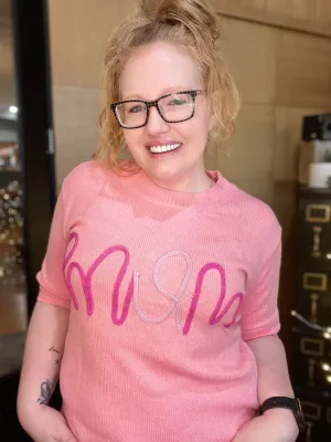 TEXTURED MOM PINK SHORT SLEEVE SWEATER TOP
