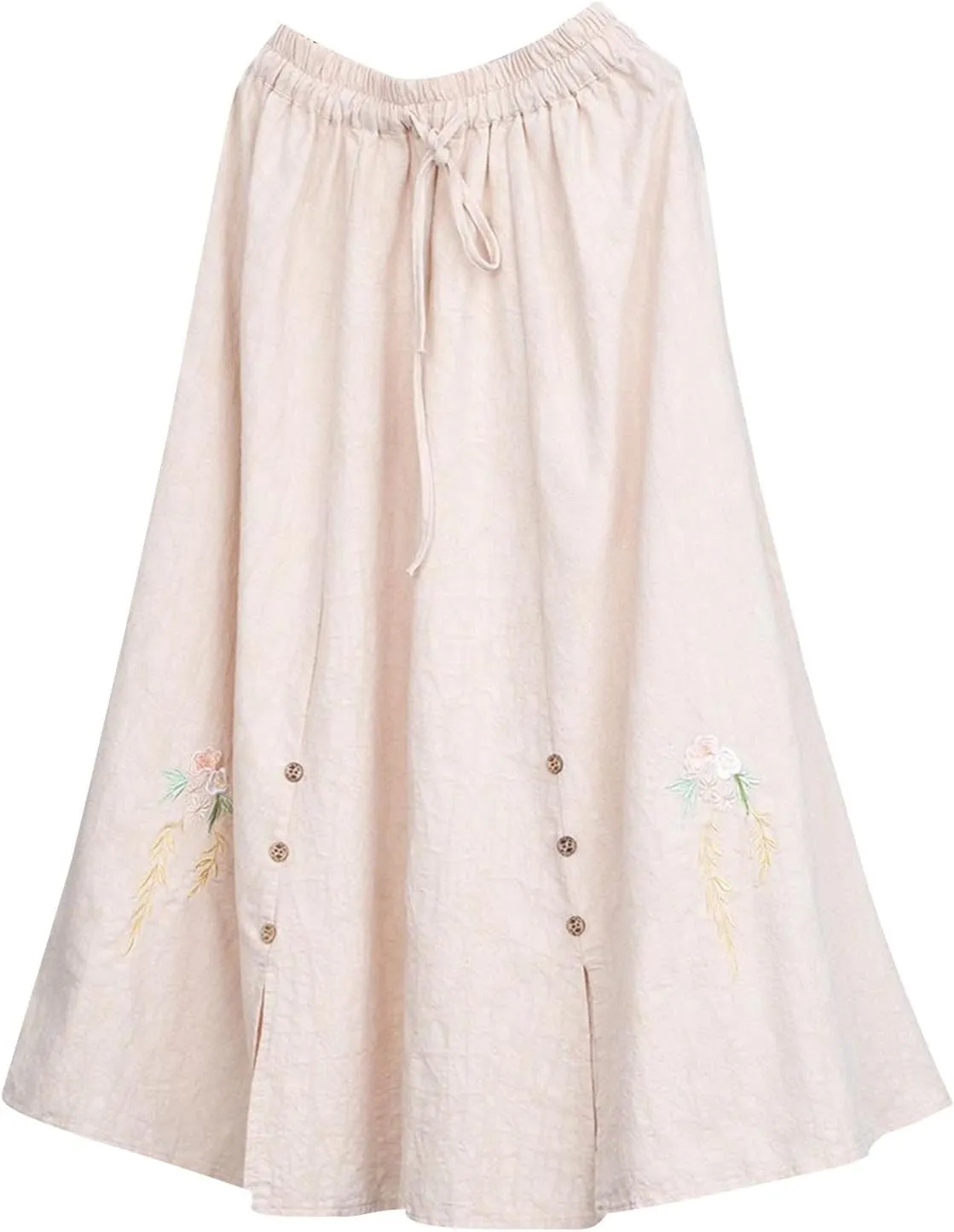 Women Summer Cotton Linen Loose Midi Skirt, Fashion Vintage Jacquard Embroidered Casual Skirts Elastic Waist Skirts