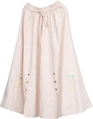 Women Summer Cotton Linen Loose Midi Skirt, Fashion Vintage Jacquard Embroidered Casual Skirts Elastic Waist Skirts