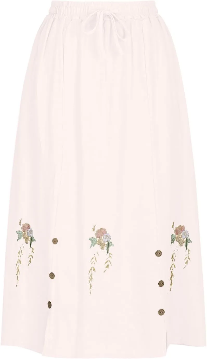 Women Summer Cotton Linen Loose Midi Skirt, Fashion Vintage Jacquard Embroidered Casual Skirts Elastic Waist Skirts