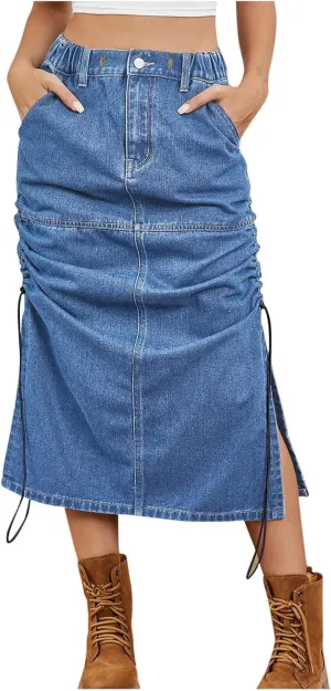 Womens Cargo Skirts with Pockets Summer Maxi Skirt Denim Midi Skirts Tie Split Jean Skirts Fashion Skirt Trendy Skirt