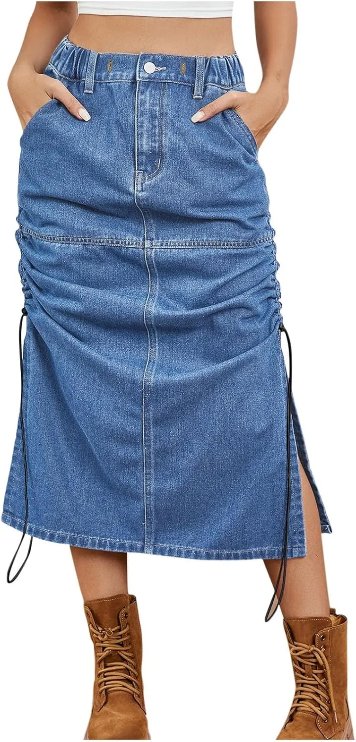 Womens Cargo Skirts with Pockets Summer Maxi Skirt Denim Midi Skirts Tie Split Jean Skirts Fashion Skirt Trendy Skirt