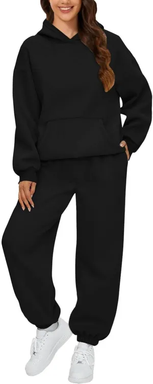 Womens Hoodie 2 Piece Set Trendy Oversized Baggy Lounge Y2K Sweatsuit Sets Casual Solid Color Loose Fit Tracksuit Set