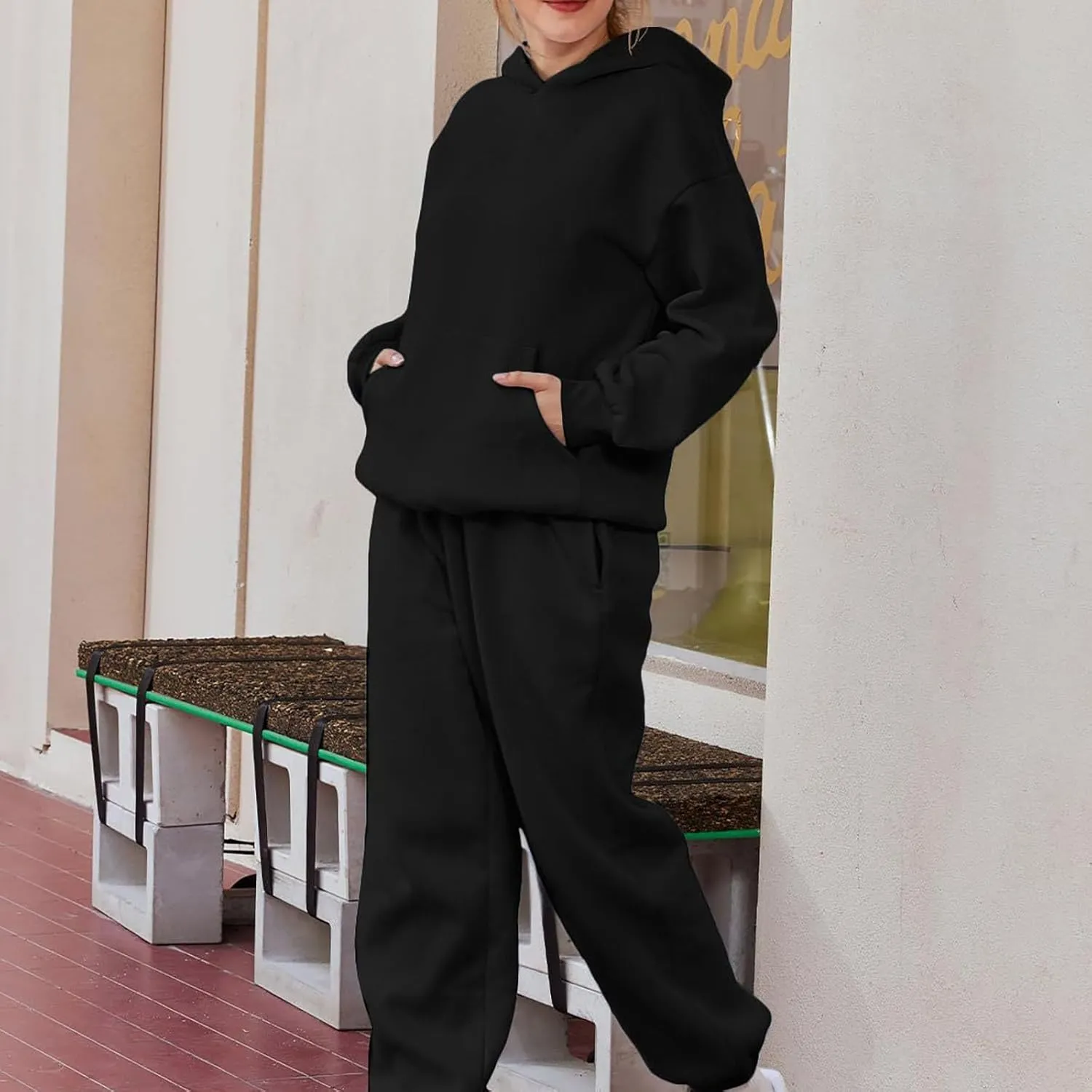 Womens Hoodie 2 Piece Set Trendy Oversized Baggy Lounge Y2K Sweatsuit Sets Casual Solid Color Loose Fit Tracksuit Set