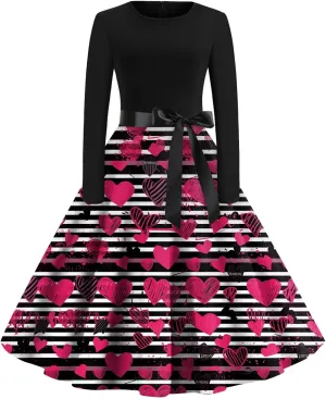 Women's Long Sleeve Vintage Swing Dress with Heart Print, Elegant A-Line Midi Dress for Party and Casual Wear