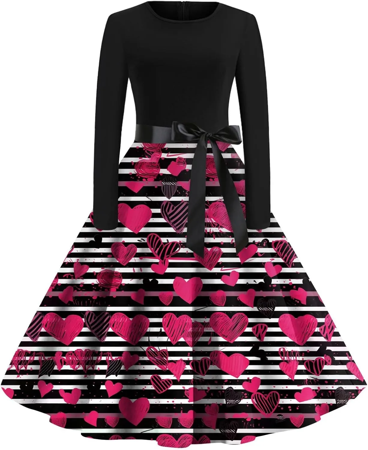 Women's Long Sleeve Vintage Swing Dress with Heart Print, Elegant A-Line Midi Dress for Party and Casual Wear
