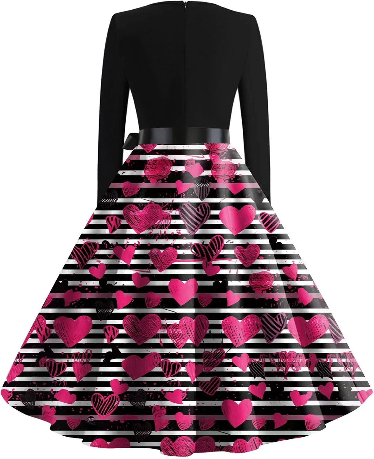 Women's Long Sleeve Vintage Swing Dress with Heart Print, Elegant A-Line Midi Dress for Party and Casual Wear