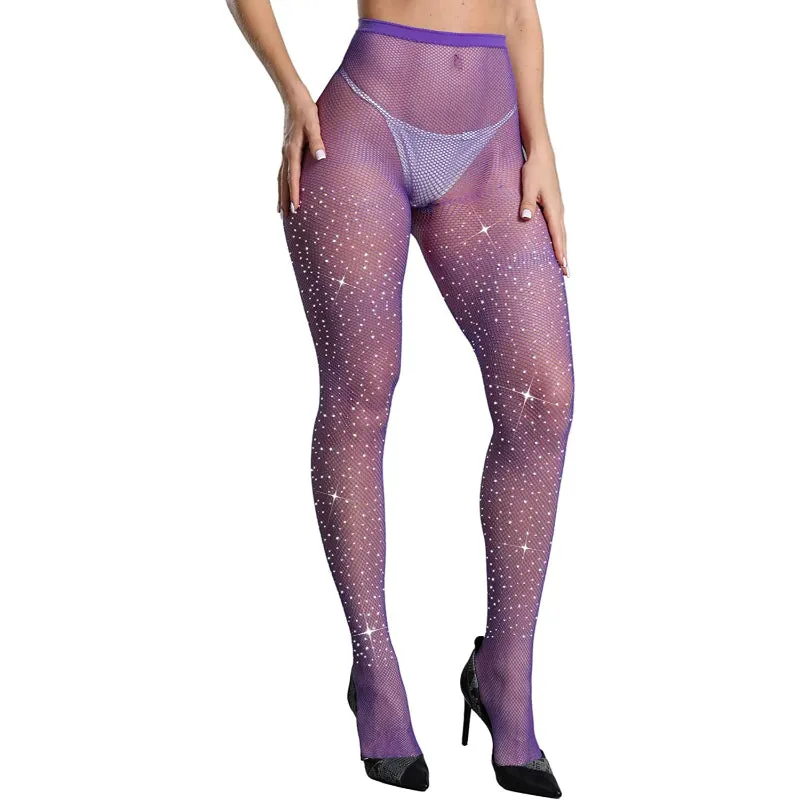 Women's Sparkle Rhinestone Fishnets Tights High Waist Stockings