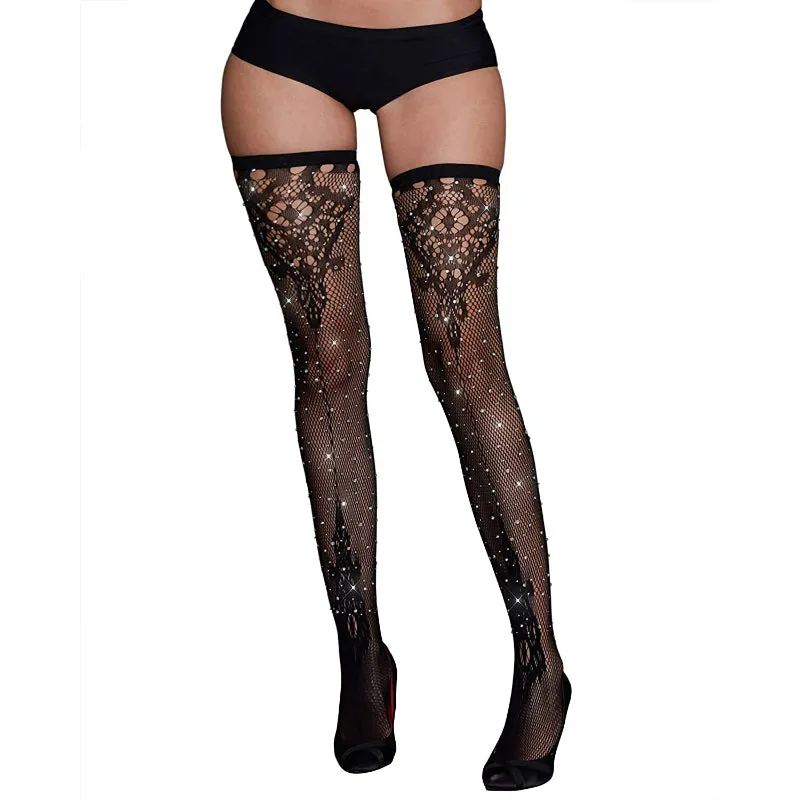 Women's Sparkle Rhinestone Fishnets Tights High Waist Stockings