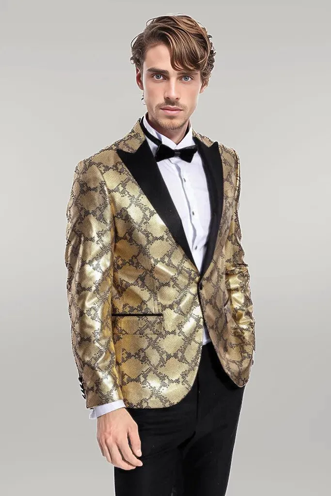 WSS Patterned Slim Fit Gold Men Prom Blazer  - Singen