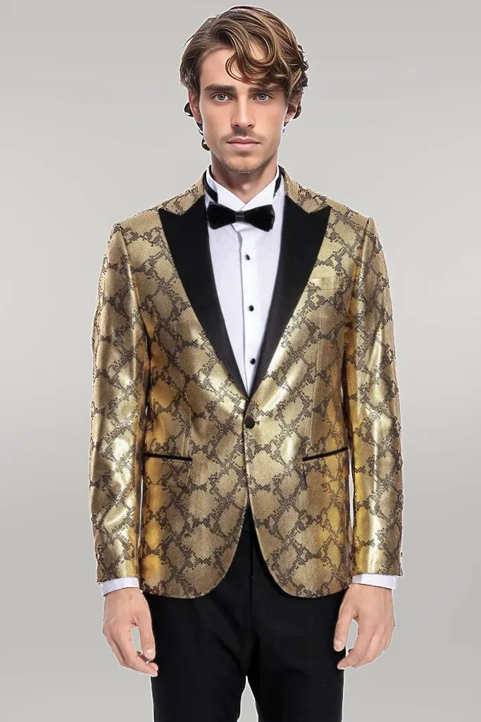 WSS Patterned Slim Fit Gold Men Prom Blazer  - Singen