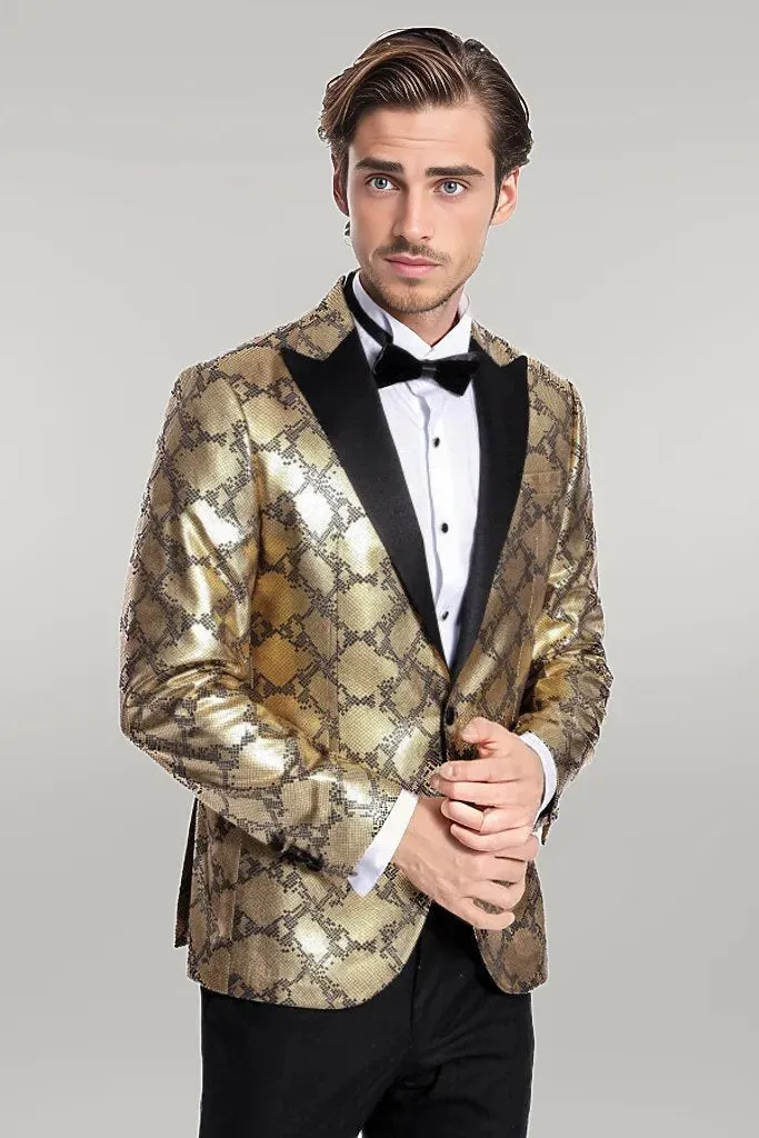 WSS Patterned Slim Fit Gold Men Prom Blazer  - Singen