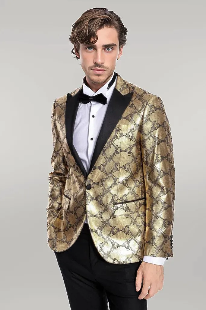 WSS Patterned Slim Fit Gold Men Prom Blazer  - Singen