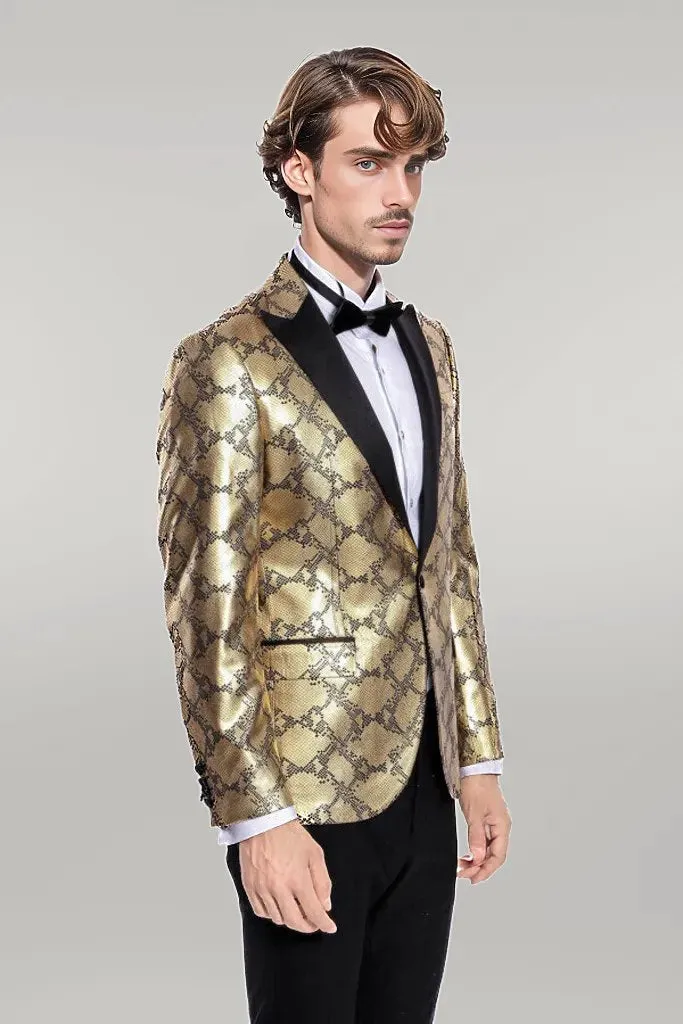 WSS Patterned Slim Fit Gold Men Prom Blazer  - Singen