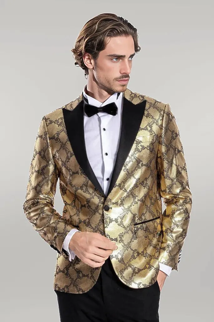 WSS Patterned Slim Fit Gold Men Prom Blazer  - Singen