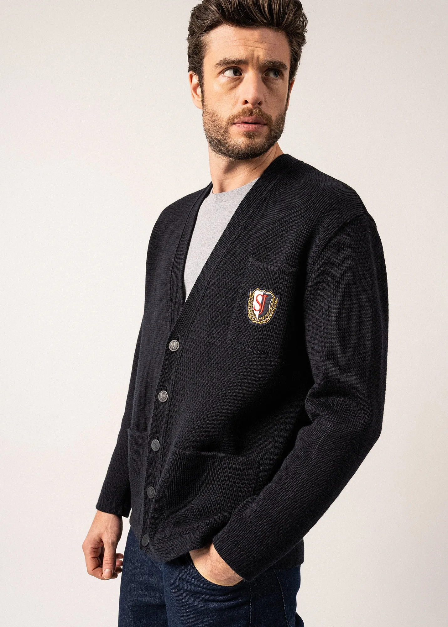 Yachting Rdit Wool Cardigan - with embroidered chest badge (NAVY)