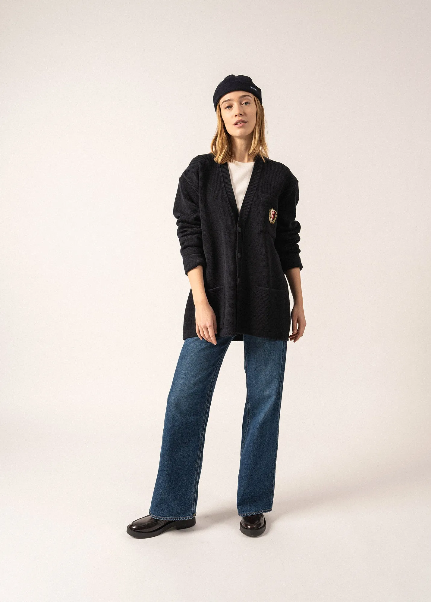 Yachting Rdit Wool Cardigan - with embroidered chest badge (NAVY)