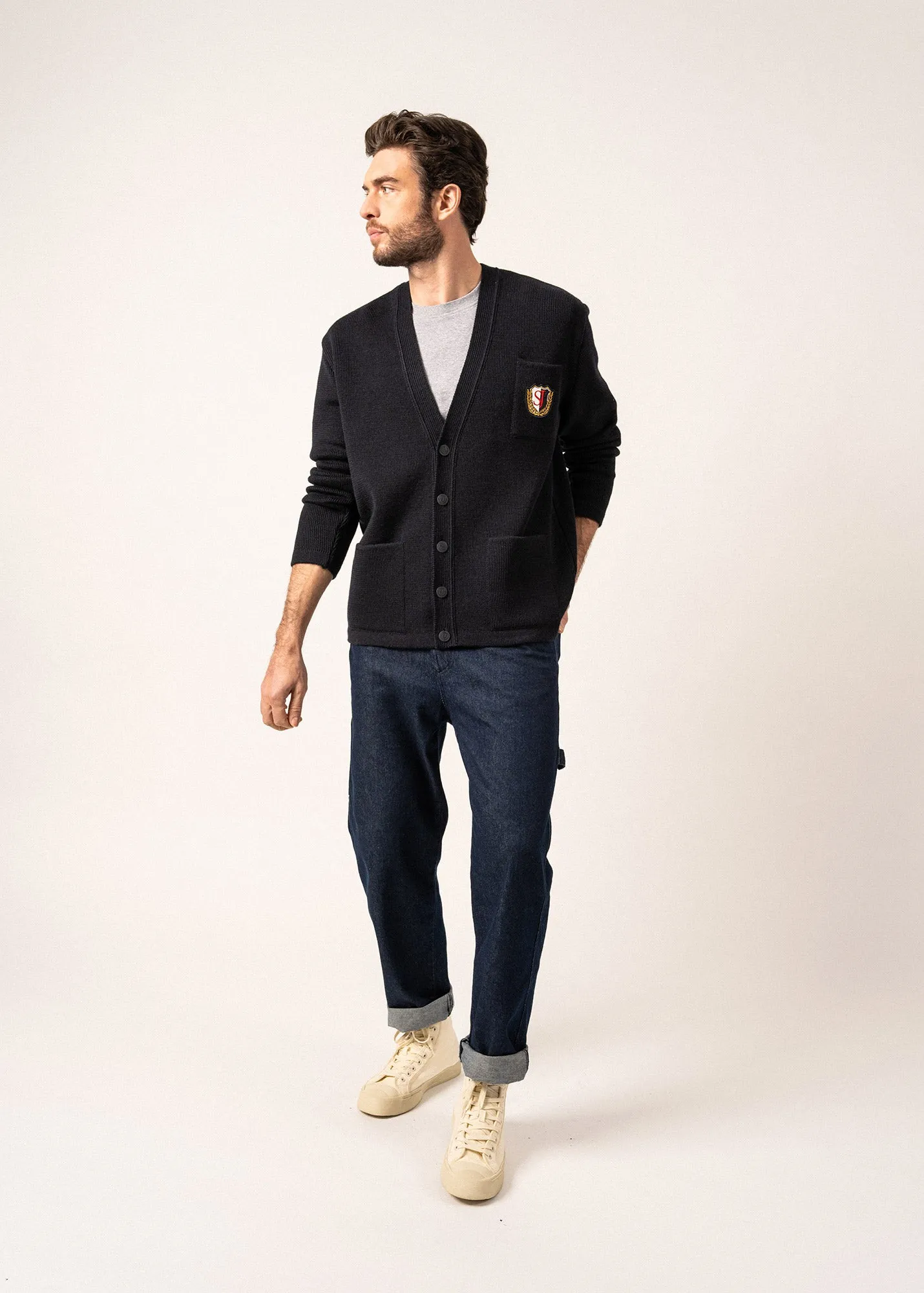 Yachting Rdit Wool Cardigan - with embroidered chest badge (NAVY)