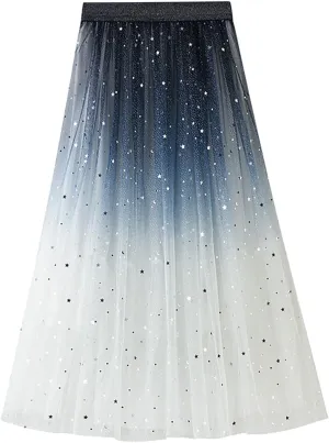 YOLAI Women Sequins Gradient Color Maxi Skirt Casual Pleated A Line Skirt High Waist Knee Length Skirt