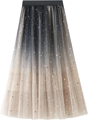 YOLAI Women Sequins Gradient Color Maxi Skirt Casual Pleated A Line Skirt High Waist Knee Length Skirt