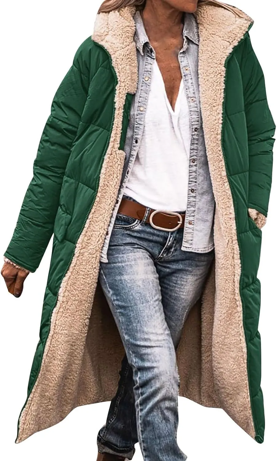 Zip sherpa Coat Down Jacket Hooded Puffer Jacket Lightweight Winter Coat Women Casual Fleece Jacket Coats Long